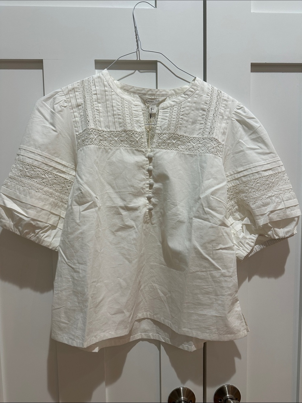 Garnet Hill White Lace & Pintuck Puff Sleeve Blouse NWT